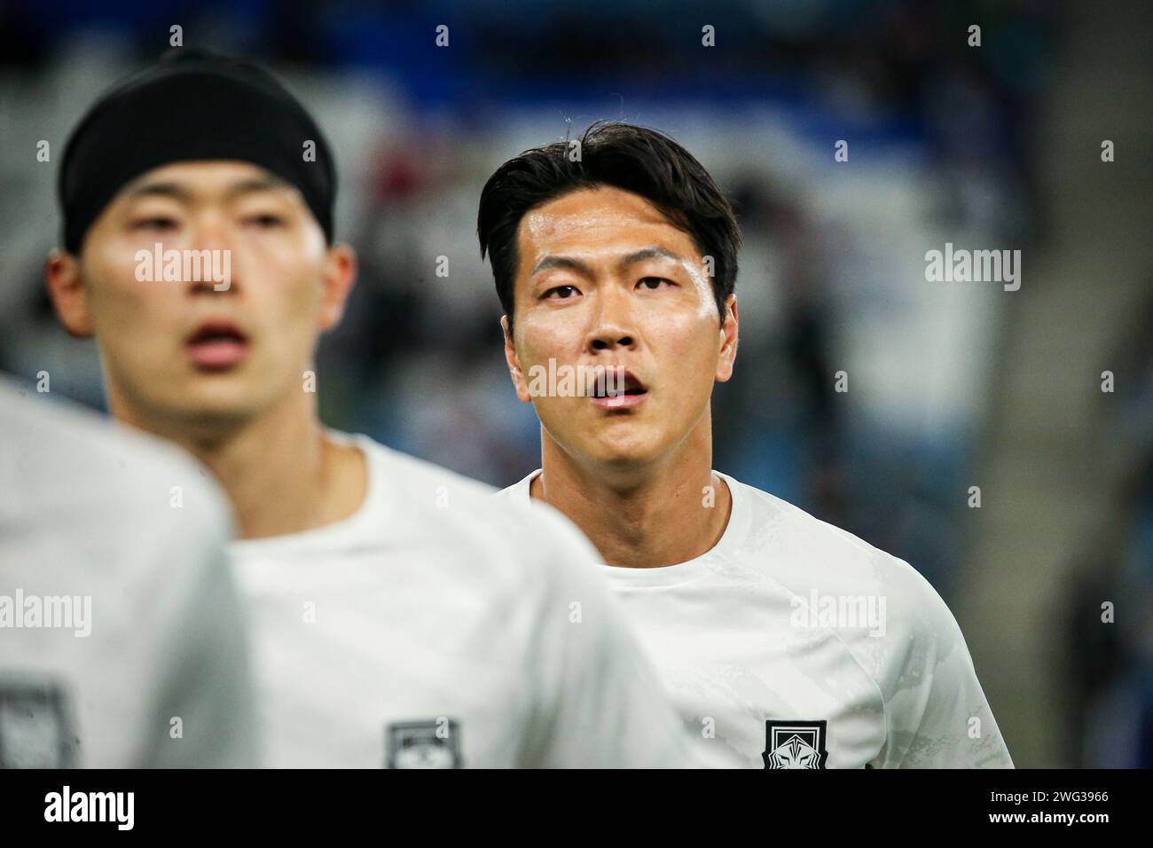 Doha, Qatar, 2 Feb 2024, AFC Asian Cup Qatar 2023 Quater Final: Australia 1-2 South Korea, Son Heung-min, Hwang Hee-chan save the day to carry Korea into semifinals. Image: Kim Young-gwon warming up. Stock Photo