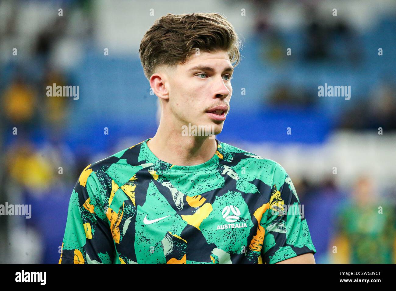 Doha, Qatar, 2 Feb 2024, AFC Asian Cup Qatar 2023 Quater Final: Australia 1-2 South Korea, Son Heung-min, Hwang Hee-chan save the day to carry Korea into semifinals, Image: Jordan Bos warming up. Stock Photo