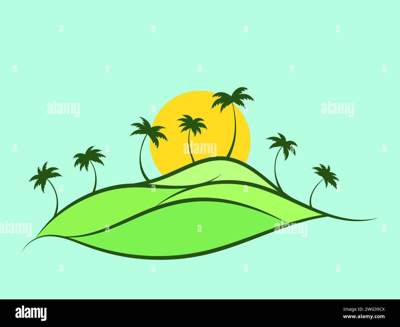Tropical landscape with palm trees and sun. Wavy landscape with green hills and the sun on the horizon. Dawn over green fields. Design for posters, pr Stock Vector