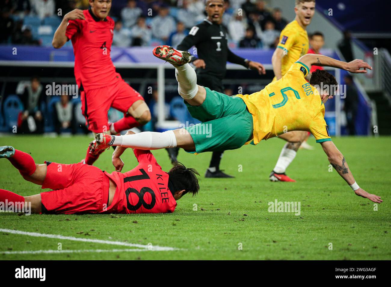 Doha, Qatar, 2 Feb 2024, AFC Asian Cup Qatar 2023 Quater Final: Australia 1-2 South Korea, Son Heung-min, Hwang Hee-chan save the day to carry Korea into semifinals. Image: Jordan Bos offended Stock Photo
