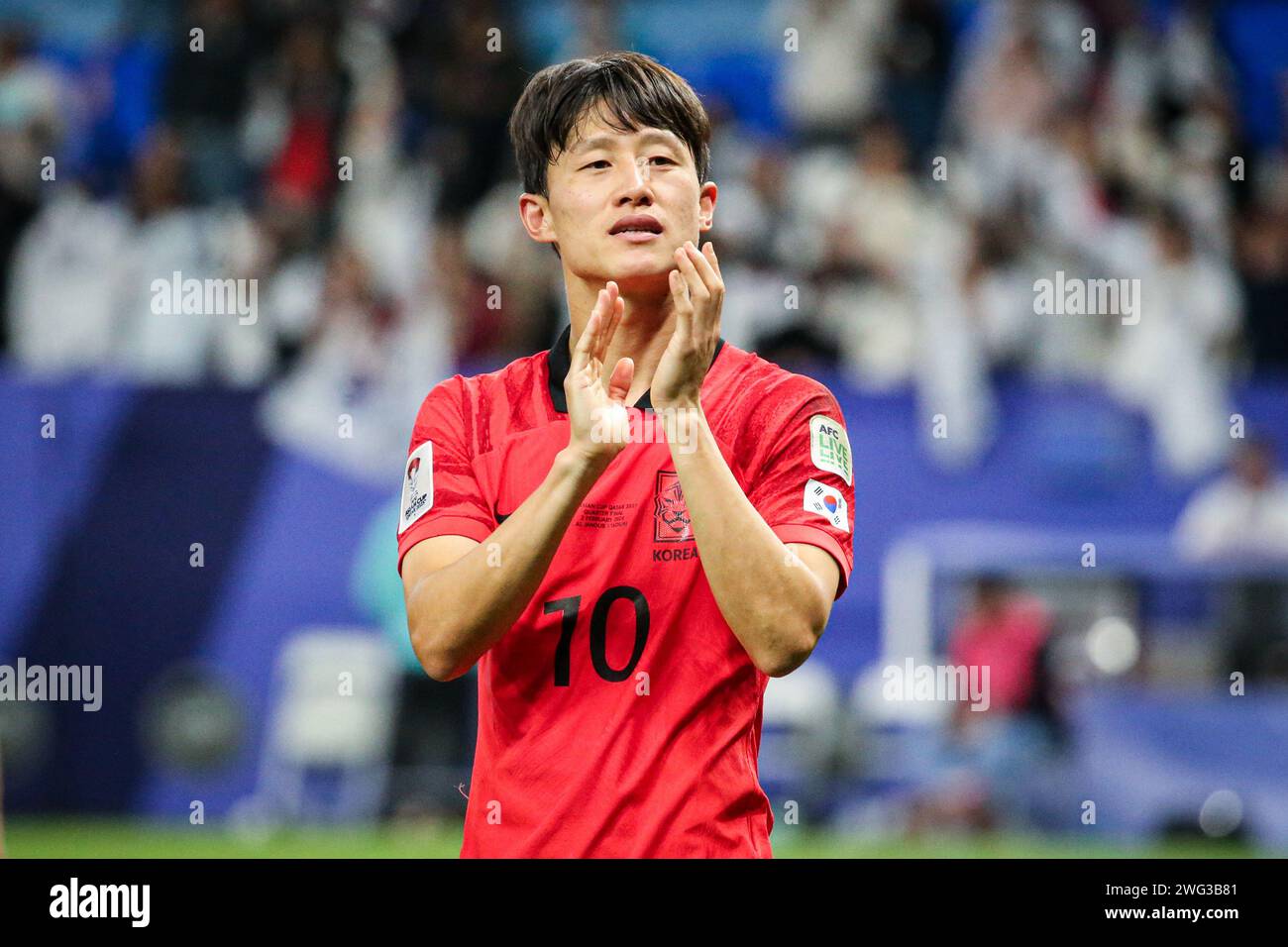 Doha, Qatar, 2 Feb 2024, AFC Asian Cup Qatar 2023 Quater Final: Australia 1-2 South Korea, Son Heung-min, Hwang Hee-chan save the day to carry Korea into semifinals. Image: Lee Jae-sung thanks the fans. Stock Photo