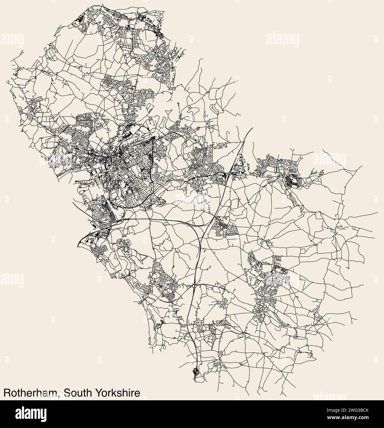 Street roads map of the METROPOLITAN BOROUGH OF ROTHERHAM, SOUTH ...