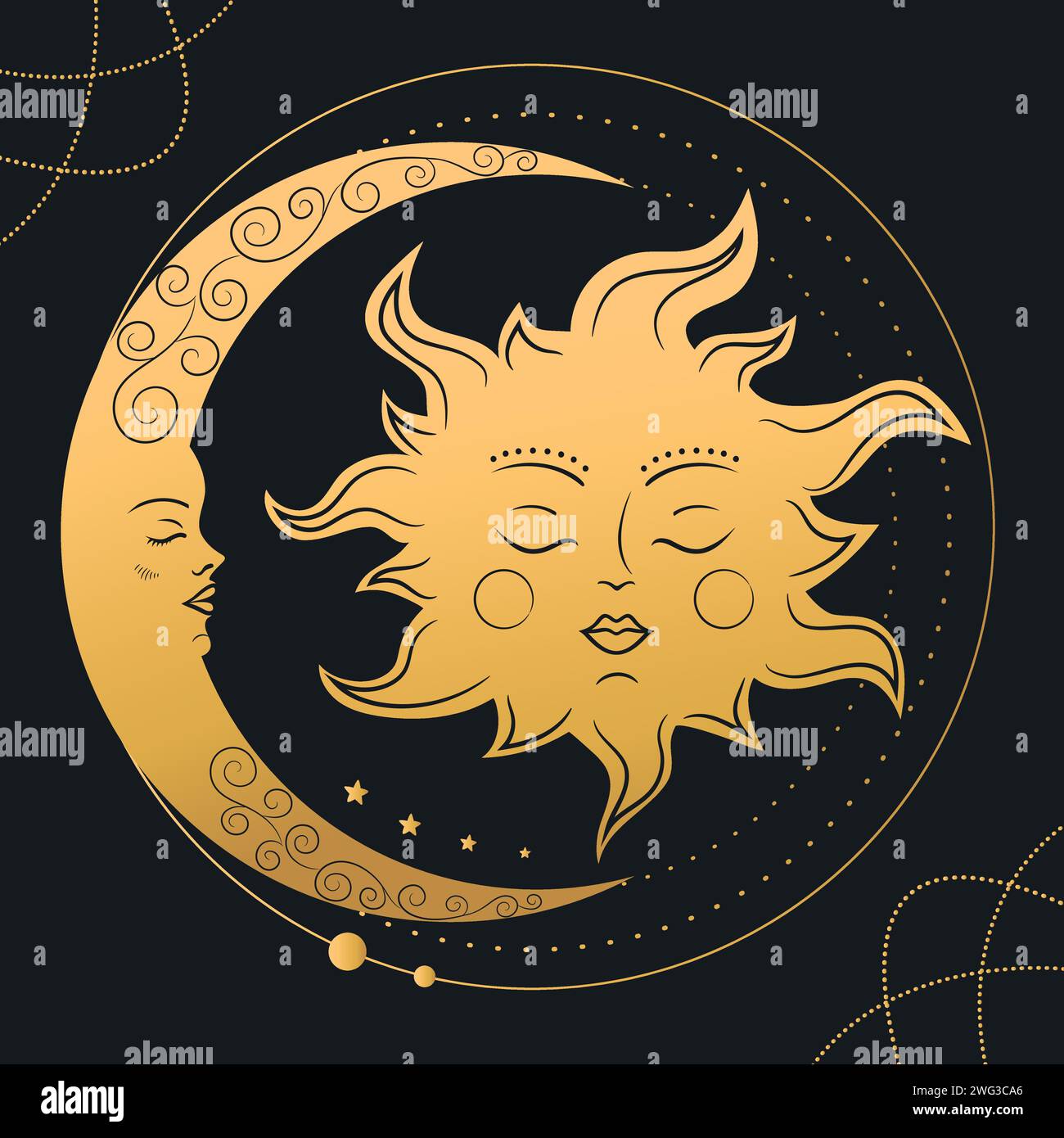 Moon Crescent and Sun. Gold celestial background. Vector illustration Stock Vector