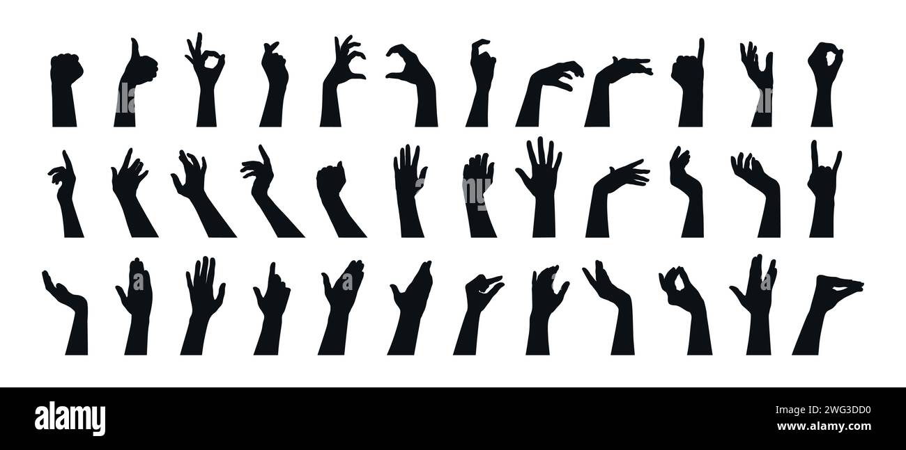Hand gestures silhouettes collection. Set of different hand gestures. Vector illustration Stock Vector