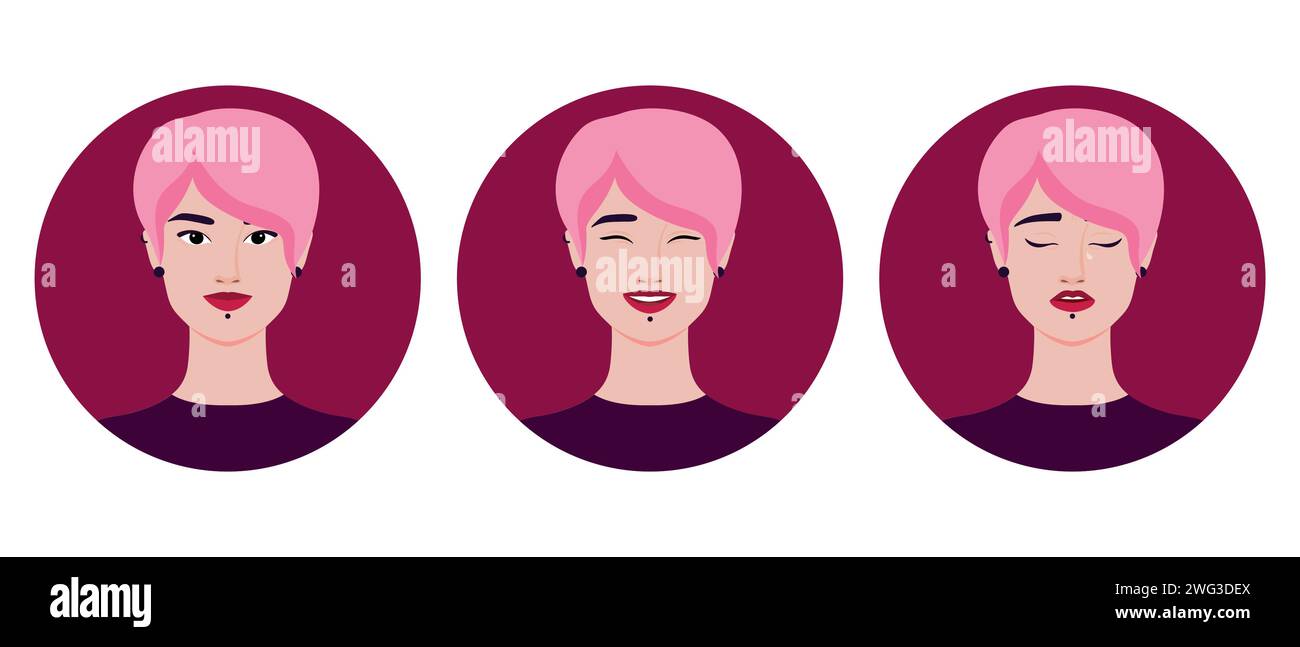 Set of avatars of beautiful informal young woman with pink hair and piercing. Smiling, crying and laughing girl. Vector illustration Stock Vector