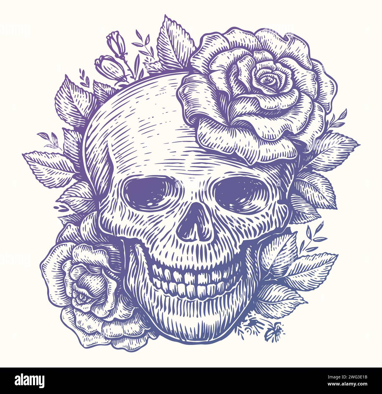 Human skull in flowers with leaves in vintage engraving style. Roses and skeleton head. Sketch vector illustration Stock Vector