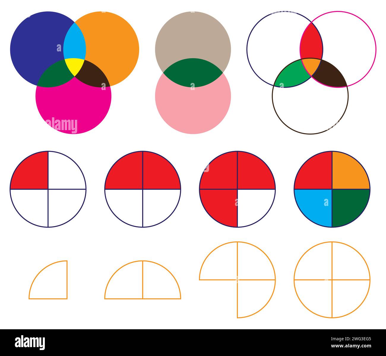 Intersecting circles, intersection of three sets venn diagram. Colored icon. Stock Vector