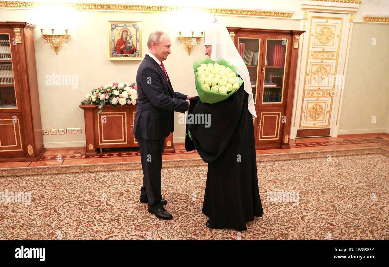 Moscow, Russia. 01st Feb, 2024. Russian President Vladimir Putin, left, congratulates Patriarch Kirill of Moscow and All Russia on the 15th anniversary of his enthronement at the Patriarchal Chambers of the Kremlin, February 1, 2024 in Moscow, Russia. Credit: Alexander Kazakov/Kremlin Pool/Alamy Live News Stock Photo