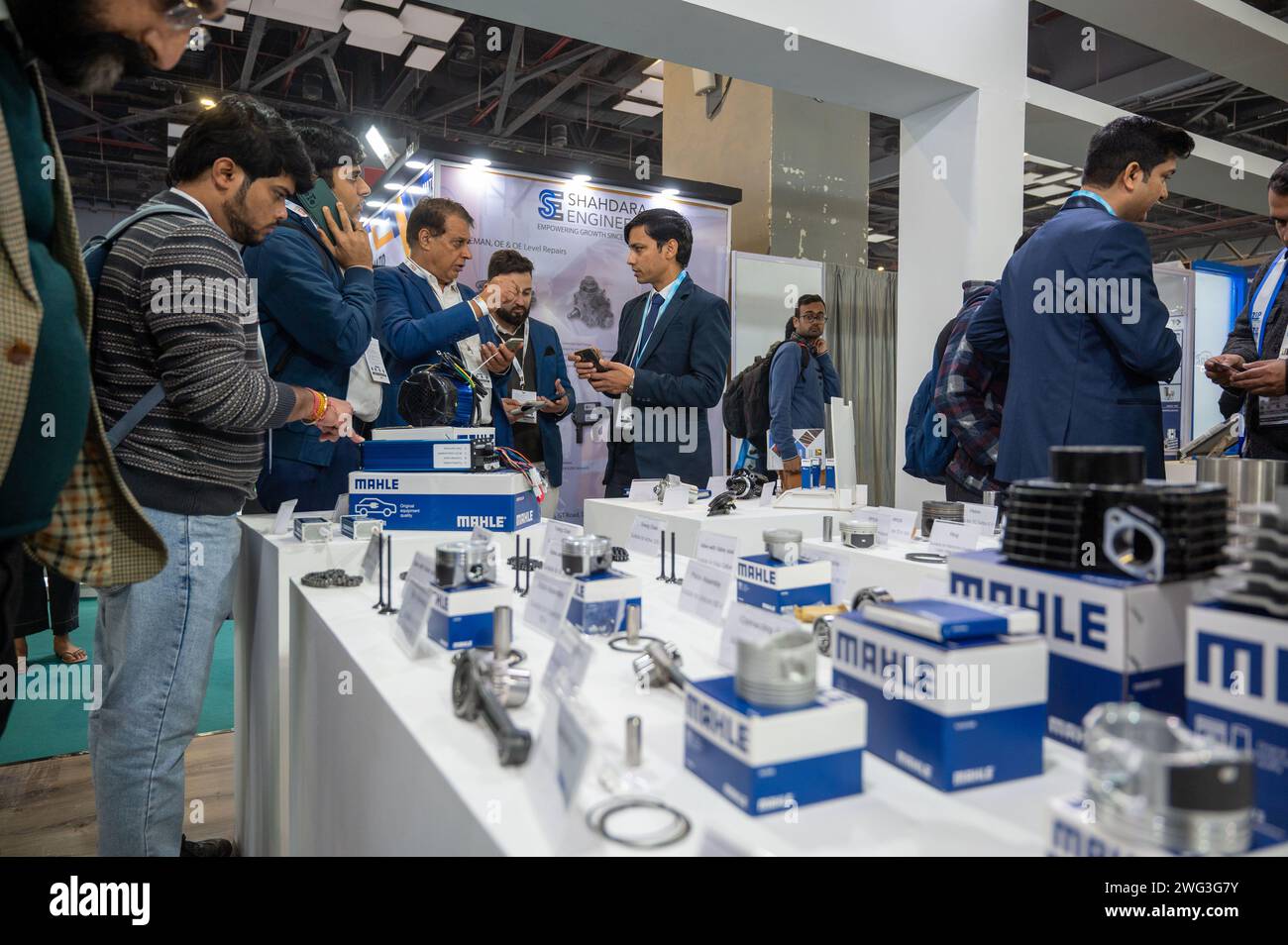 New Delhi, India. 02nd Feb, 2024. Visitor looks at the auto component parts being showcased at Mahle (Mahle GmbH is a German automotive parts manufacturer) stall during the 5th edition of ACMA Automechanika New Delhi at the Bharat Mobility Global Expo 2024. The exhibition organized by ACMA, the Automotive Component Manufacturers Association, represents manufacturers in the Indian auto component industry, with 500  exhibitors from India and 12 other countries participating in the expo. Credit: SOPA Images Limited/Alamy Live News Stock Photo