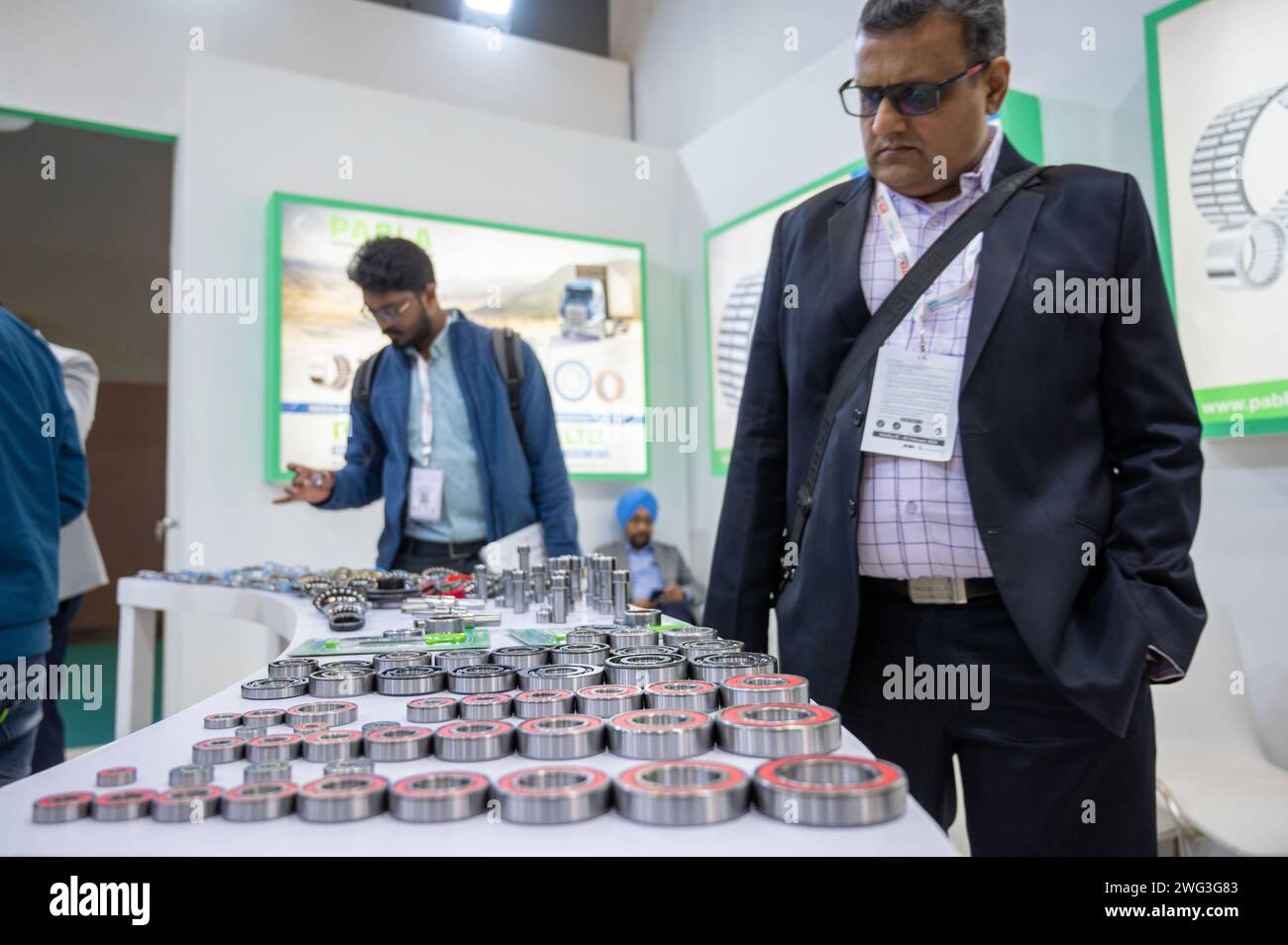New Delhi, India. 02nd Feb, 2024. Visitor looks at the ball bearing the auto component parts being showcased during the 5th edition of ACMA Automechanika New Delhi at the Bharat Mobility Global Expo 2024. The exhibition organized by ACMA, the Automotive Component Manufacturers Association, represents manufacturers in the Indian auto component industry, with 500  exhibitors from India and 12 other countries participating in the expo. Credit: SOPA Images Limited/Alamy Live News Stock Photo