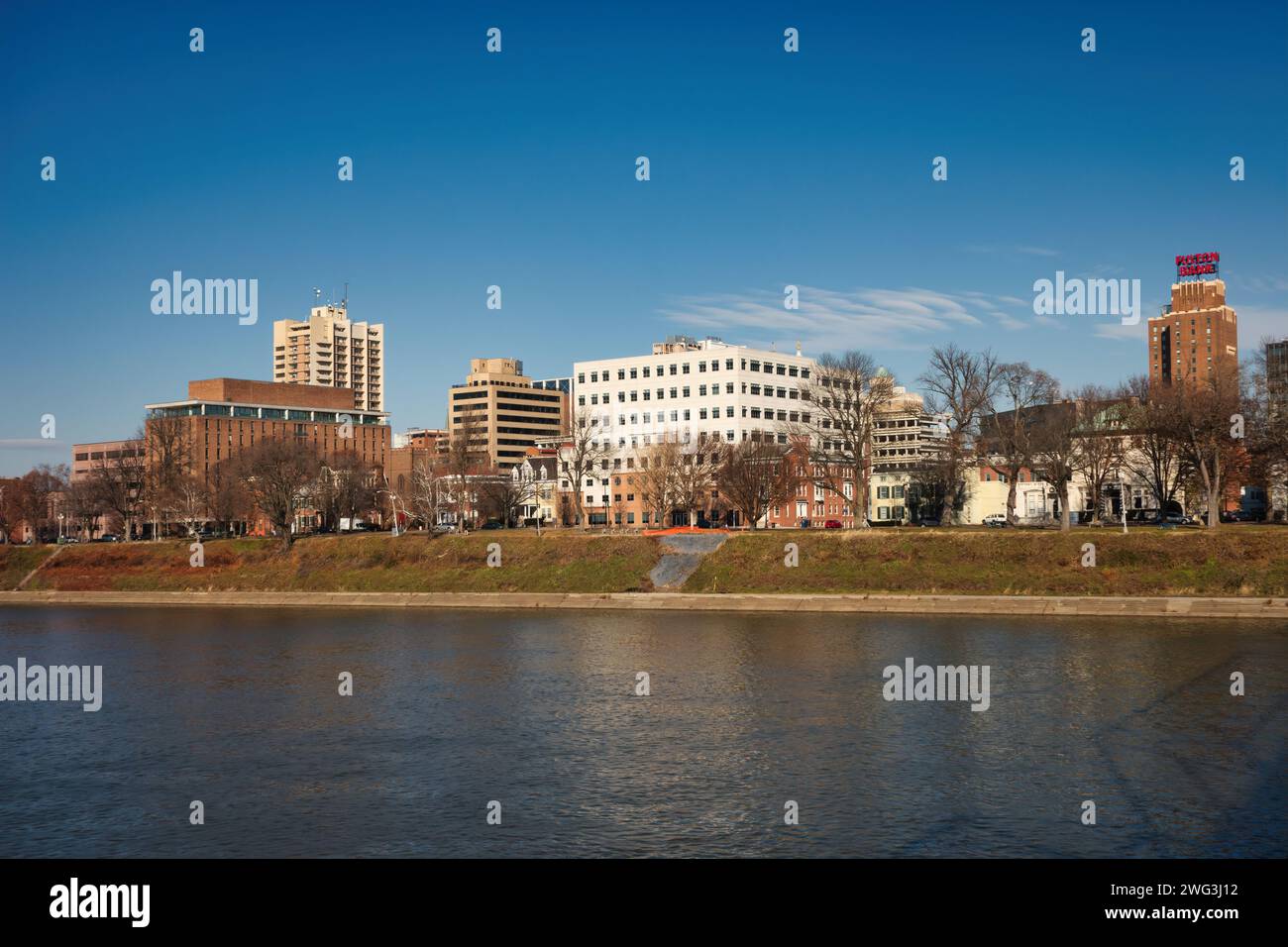Cityscape of Harrisburg with the Susquehanna River in the foreground, Pennsylvania, USA. Stock Photo