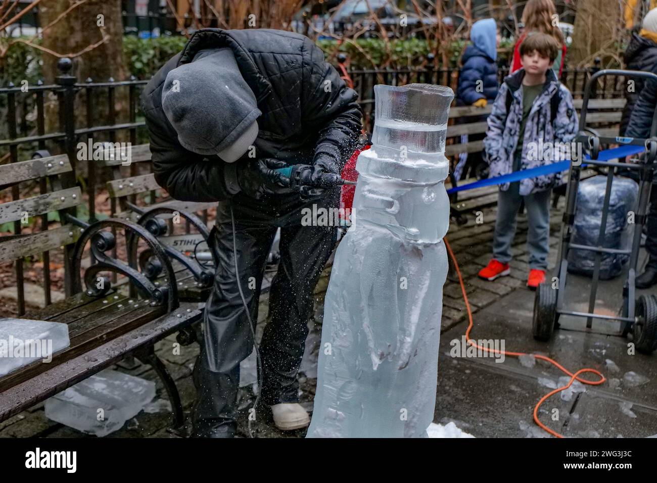 New York, New York, USA. 2nd Feb, 2024. Ice carving artist brings a