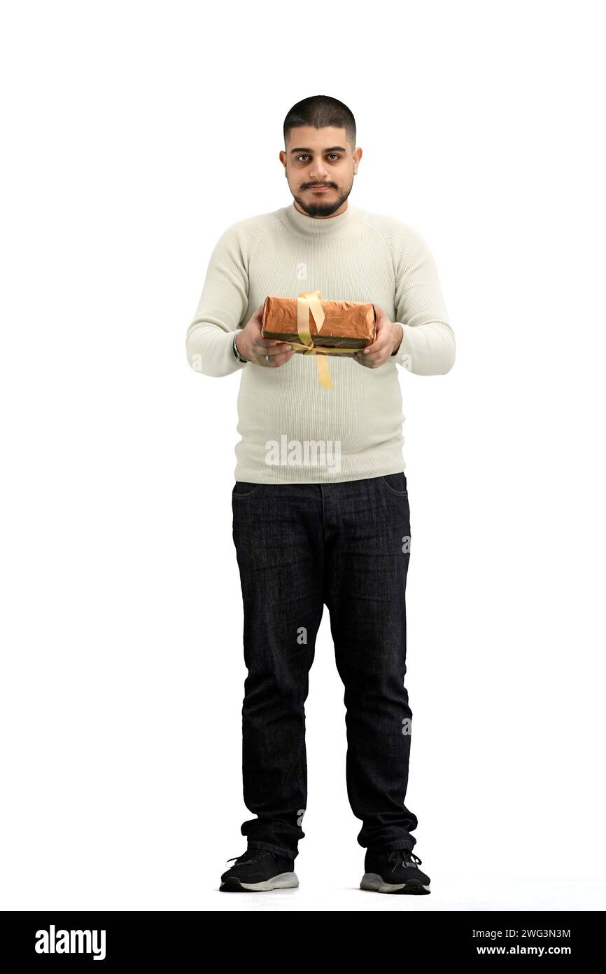 A man, full-length, on a white background, with a gift Stock Photo