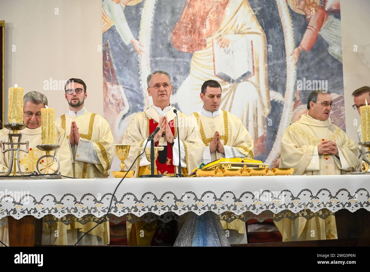 Monsignor Dražen Kutleša, Archbishop of Zagreb leads a Christmas Eve mass. Christmas Mass celebration. Catholic priests perform the Midnight Mass. Stock Photo