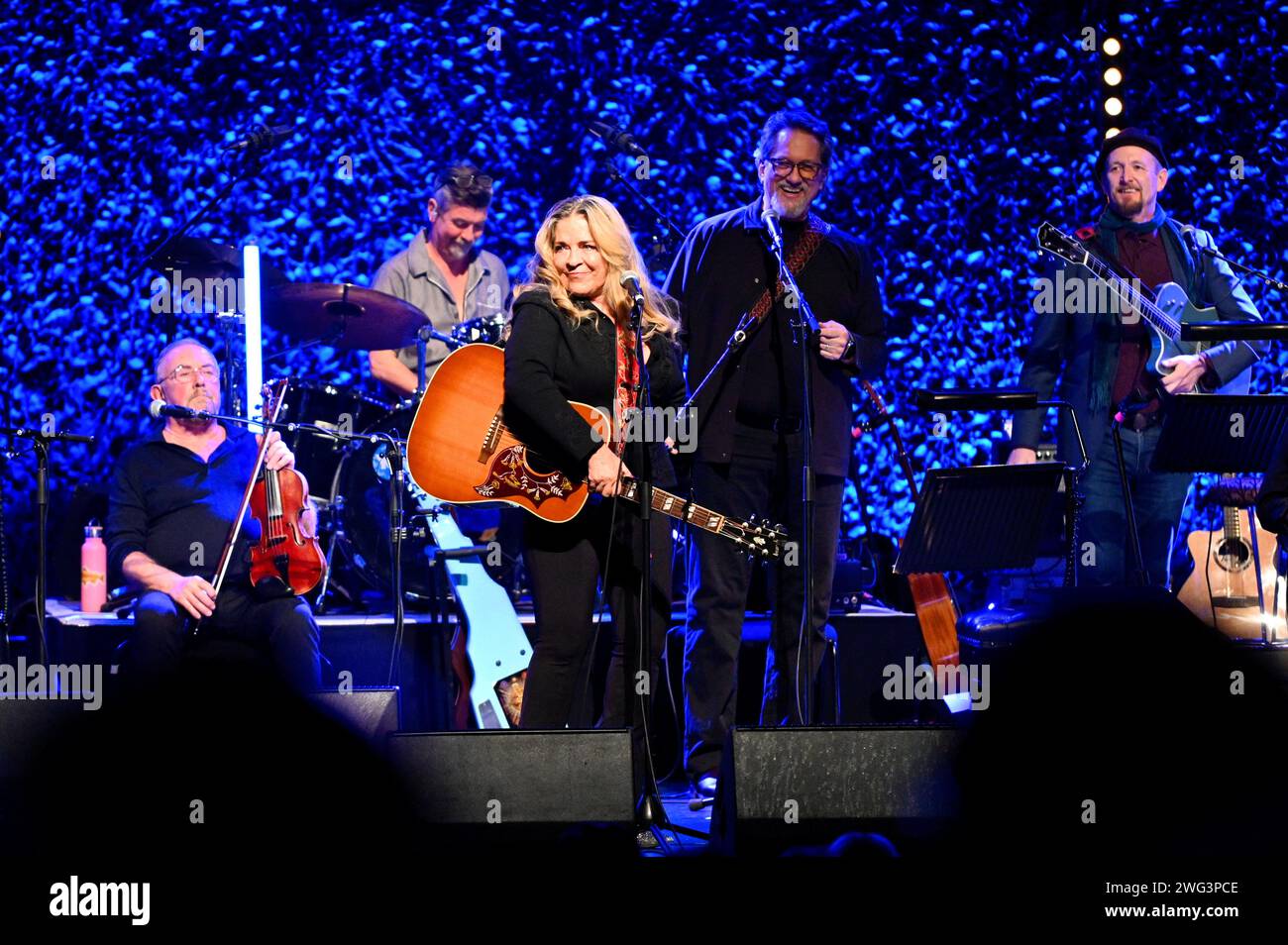 Glasgow, Scotland, UK. 2nd Feb 2024.  Celtic Connections 2024: At the Glasgow Royal Concert Hall and celebrating the rich music traditions connecting Scotland, Ireland and the US, Transatlantic Sessions features great artists and special guests backed by a celebrated house band performing at the closing weekend of the 3 week annual festival. Grammy nominated singer-songwriter Carlene Carter. Credit: Craig Brown/Alamy Live News Stock Photo