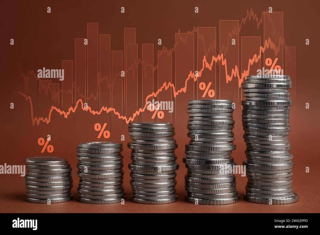 Finding Rates Background Mortgage rate. Stacked coins, graphs and percent signs on brown ...