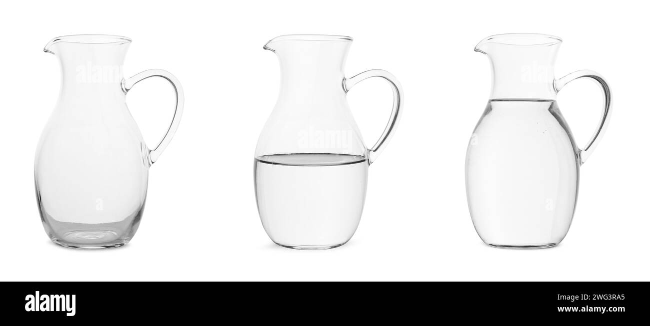 Glass jug isolated on white, collage with empty, semi filled and full Stock Photo Alamy