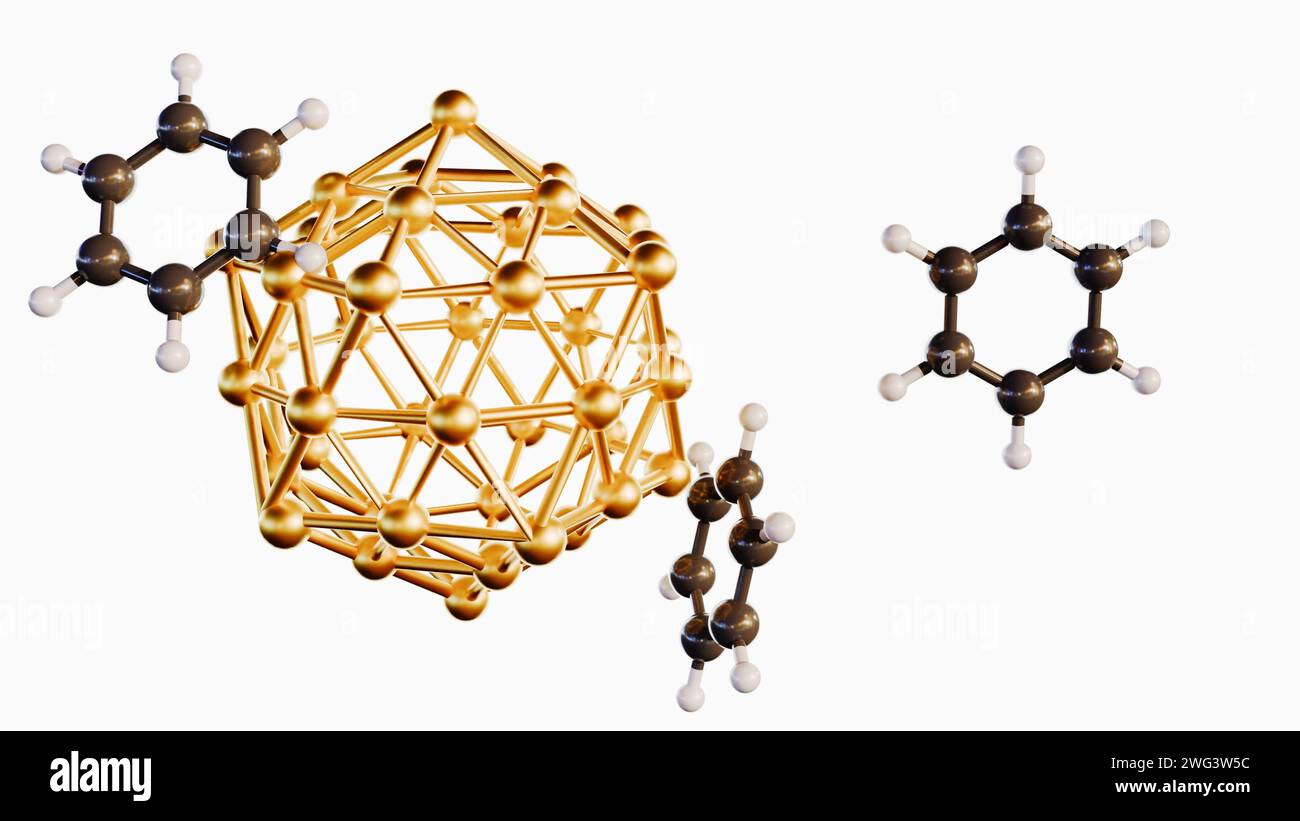 3d rendering of benzene molecules conjugated gold (Au) nanoparticles (NPs) on the white background Stock Photo