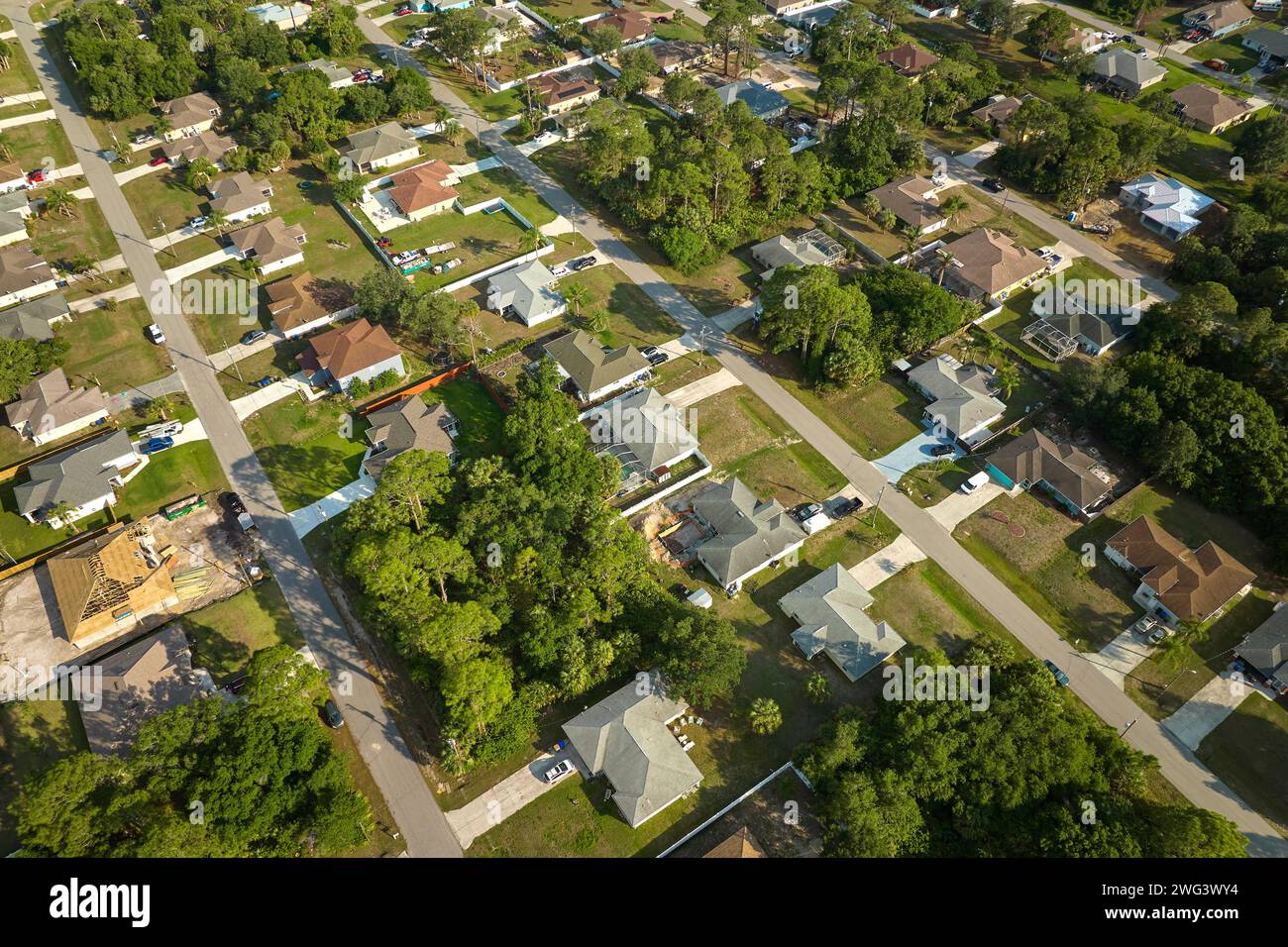 Aerial landscape view of suburban private houses between green palm ...