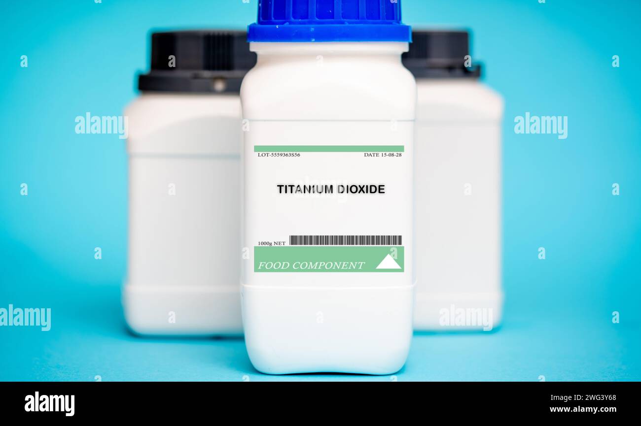 Container of titanium dioxide. Titanium dioxide is a whitening and