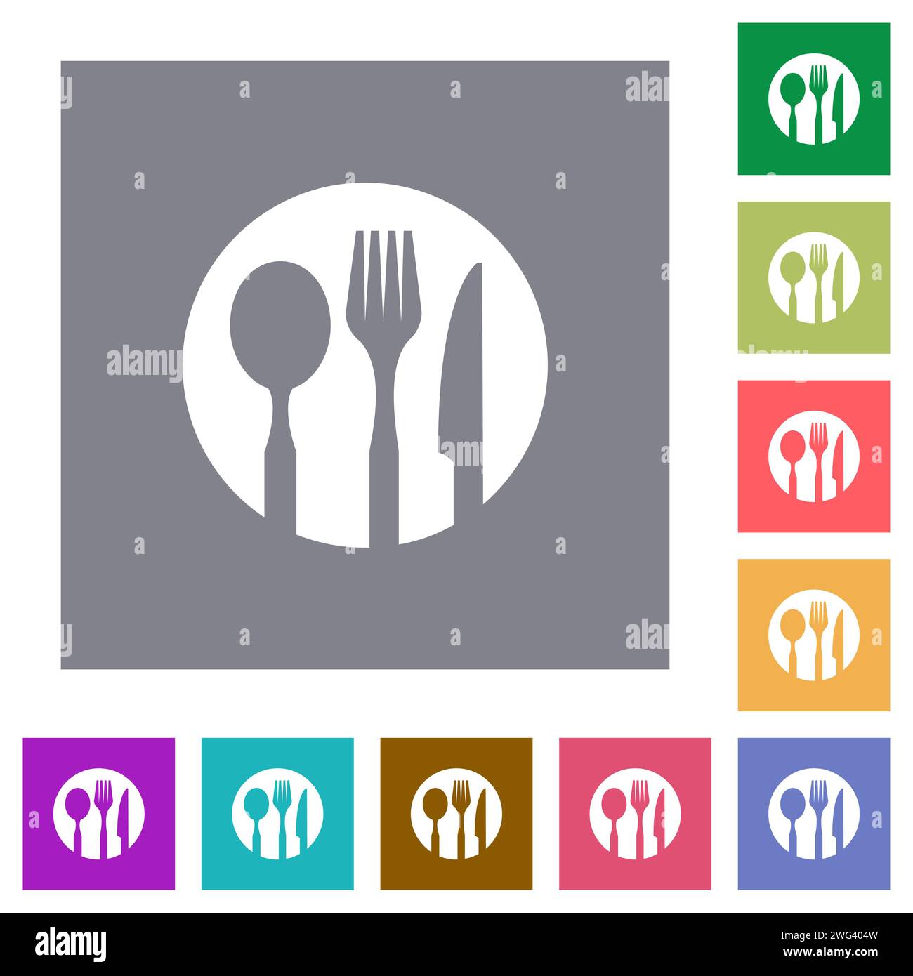 Tableware set solid flat icons on simple color square backgrounds Stock Vector