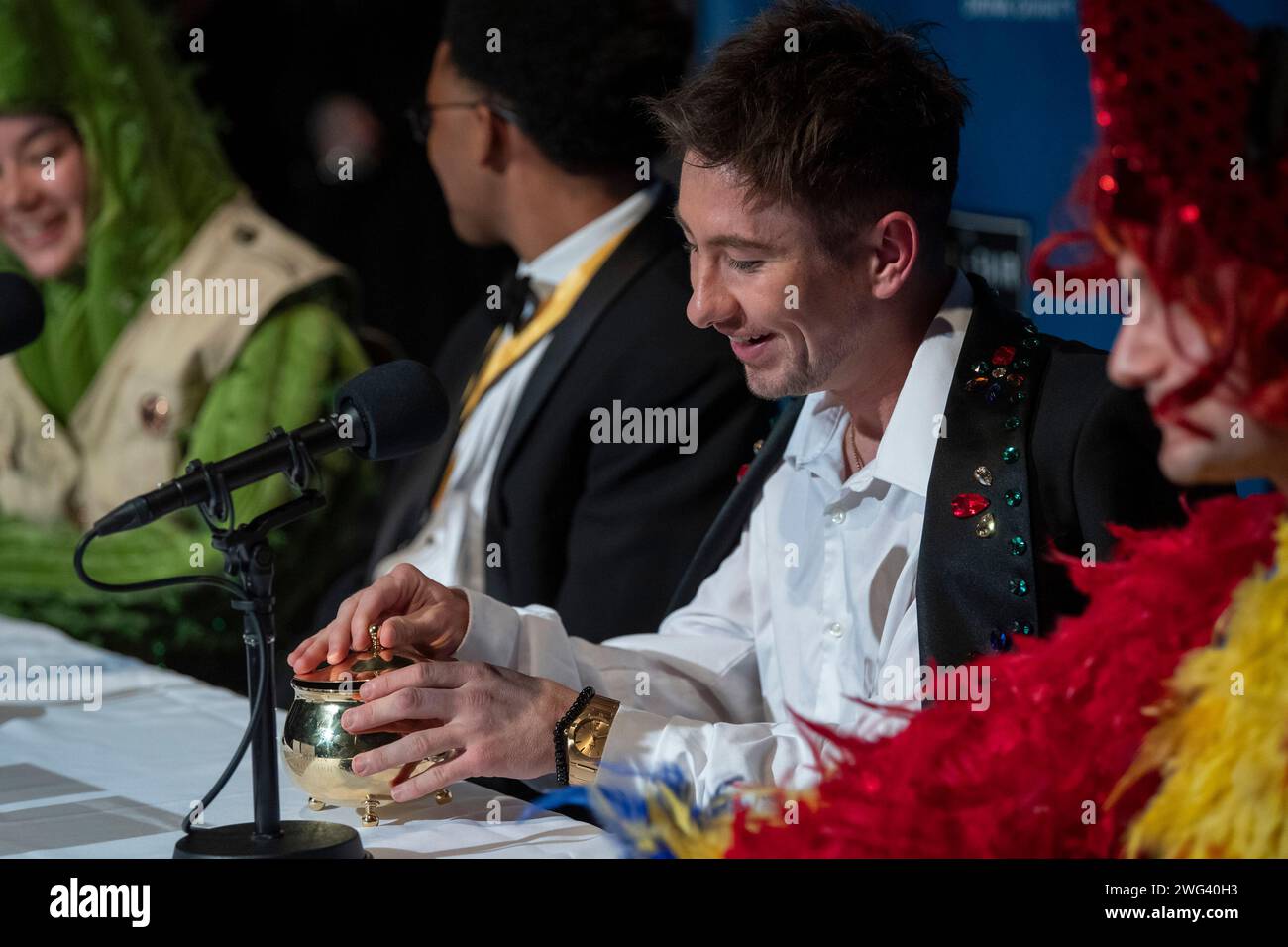 Cambridge, United States. 02nd Feb, 2024. Irish actor Barry Keoghan takes questions during a press conference after he is named the Harvard University's Hasty Pudding Theatricals 2024 Man of the Year at Harvard University in Cambridge, MA on Friday, February 02, 2024. Photo by Amanda Sabga/UPI Credit: UPI/Alamy Live News Stock Photo