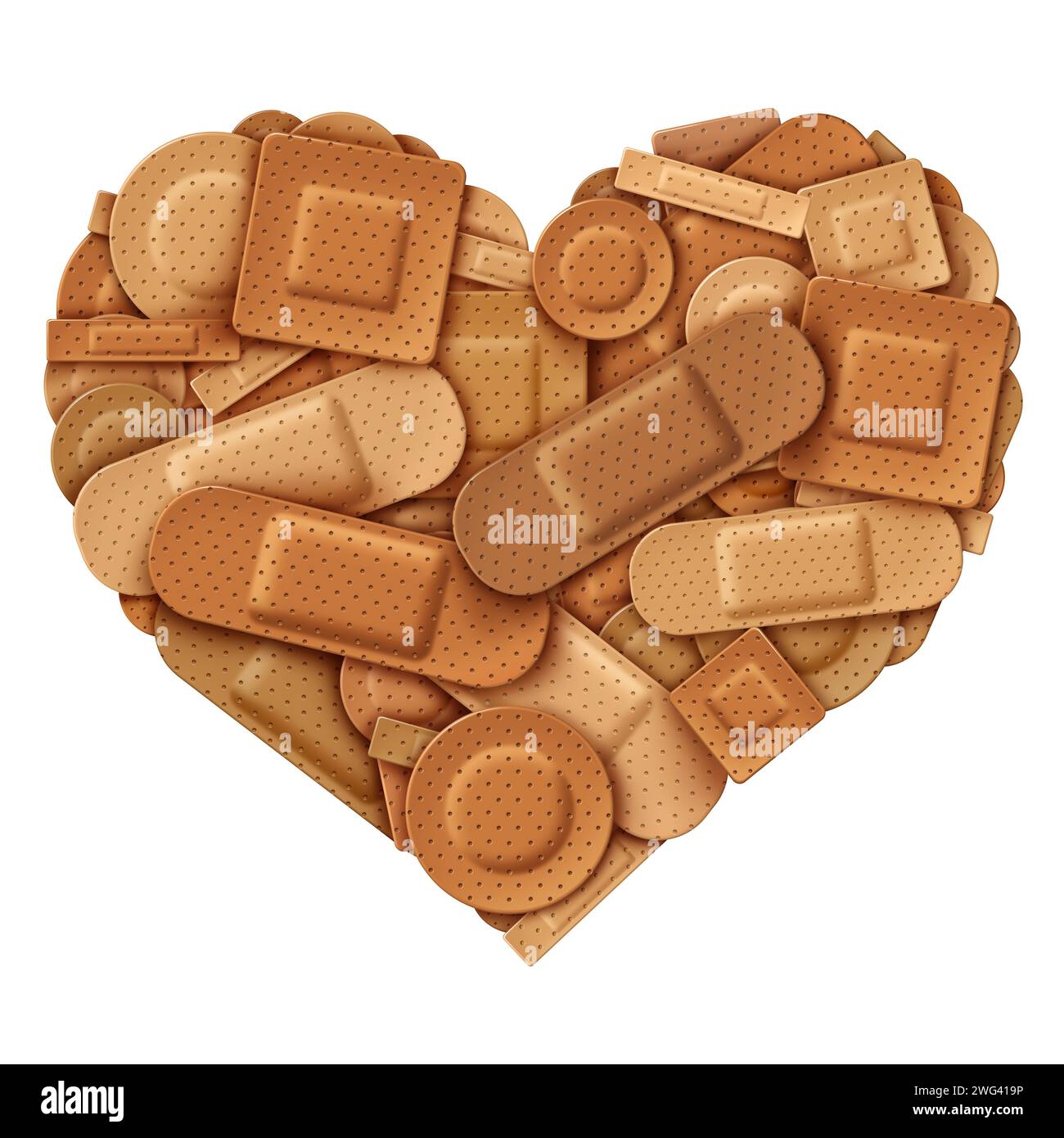 Broken Heart Symbol with a group of diverse Bandage and adhesive first aid bandages as an icon for emotional pain and heartbreak andlost love Stock Photo