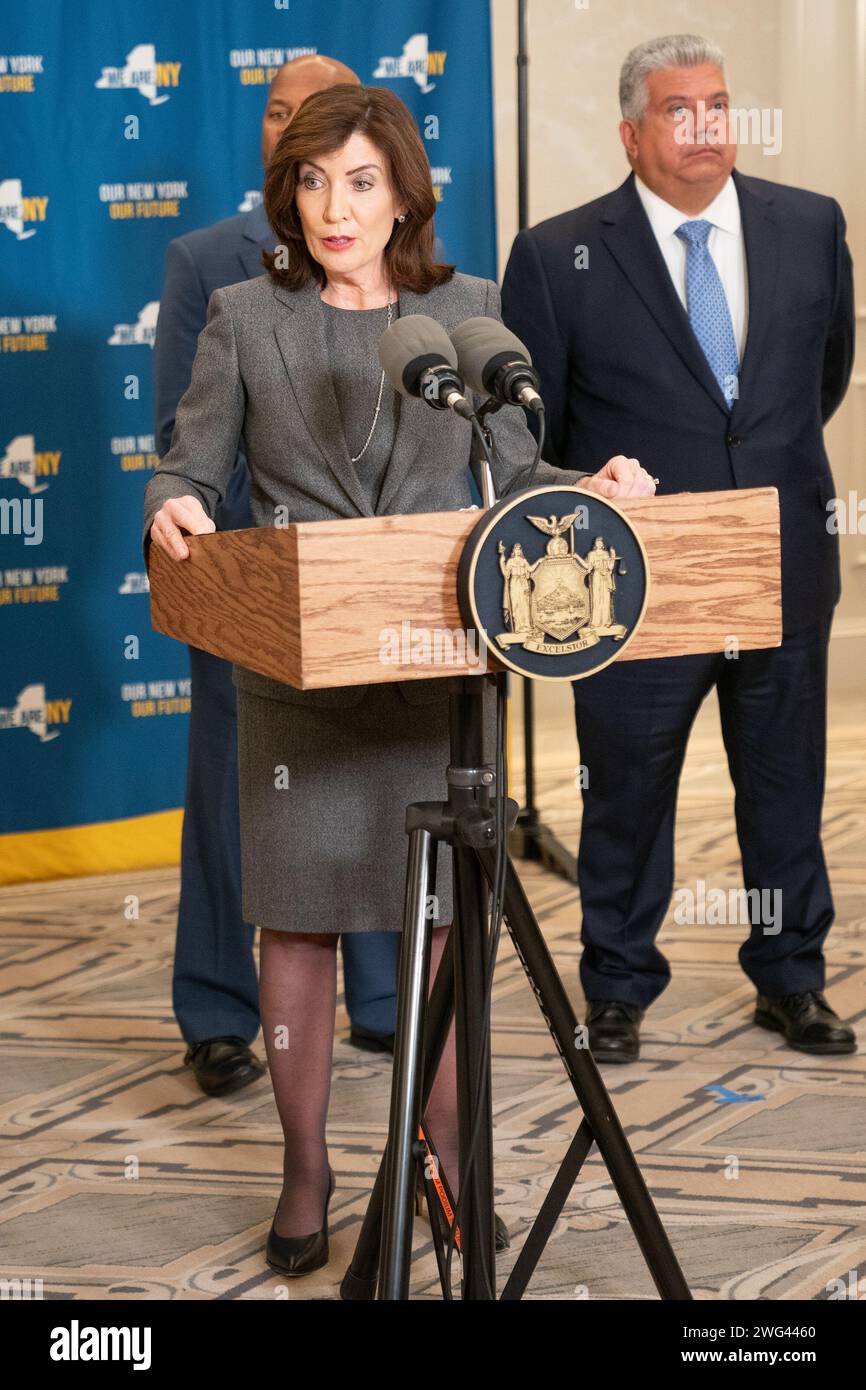 New York, USA. 02nd Feb, 2024. Governor Kathy Hochul speaks to press after attending DA Association of NYS winter conference at Intercontinental Barclay in New York on February 2, 2024. Press briefing was attended by Erie County District Attorney John Flynn, Queens County District Attorney Melinda Katz, Westchester County District Attorney Mimi Rocah, Kings County (Brooklyn) District Attorney Eric Gonzalez, New York State Police Acting Superintendent Steven G. James. (Photo by Lev Radin/Sipa USA) Credit: Sipa USA/Alamy Live News Stock Photo