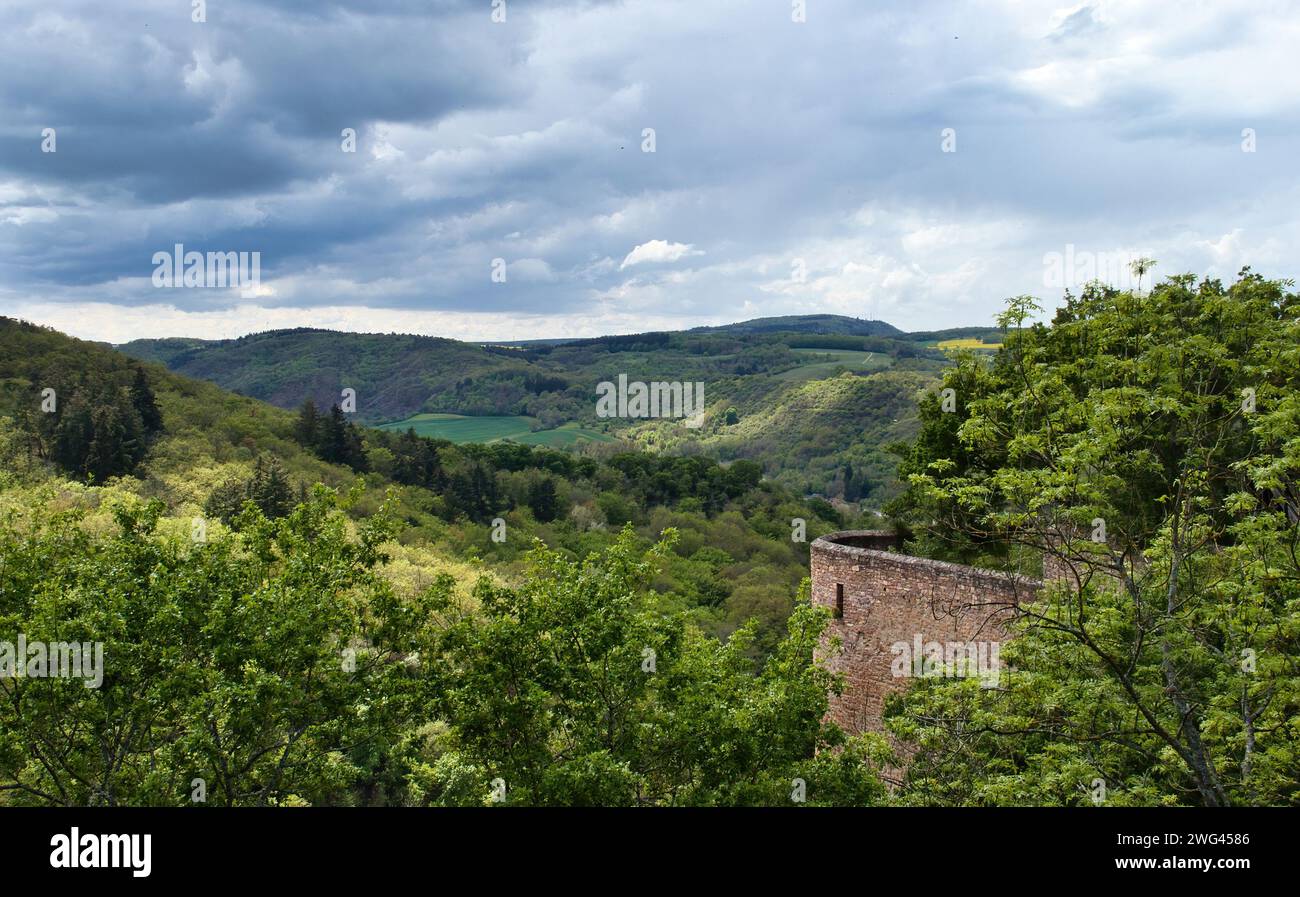 Sun shining on trees next to a wall near a castle on a hill above Bad Munster, Germany on a cloudy spring day. Stock Photo