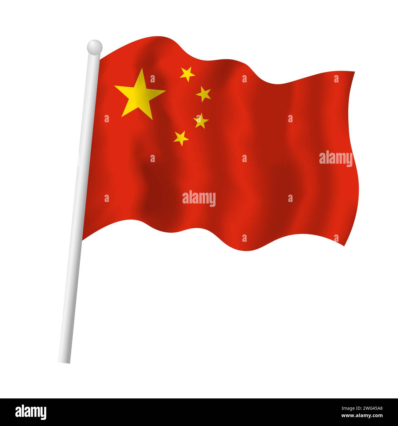 China flag on flagpole waving in wind. Vector isolated illustration of Chinese flag yellow stars red background. People's Republic of China symbol Stock Vector