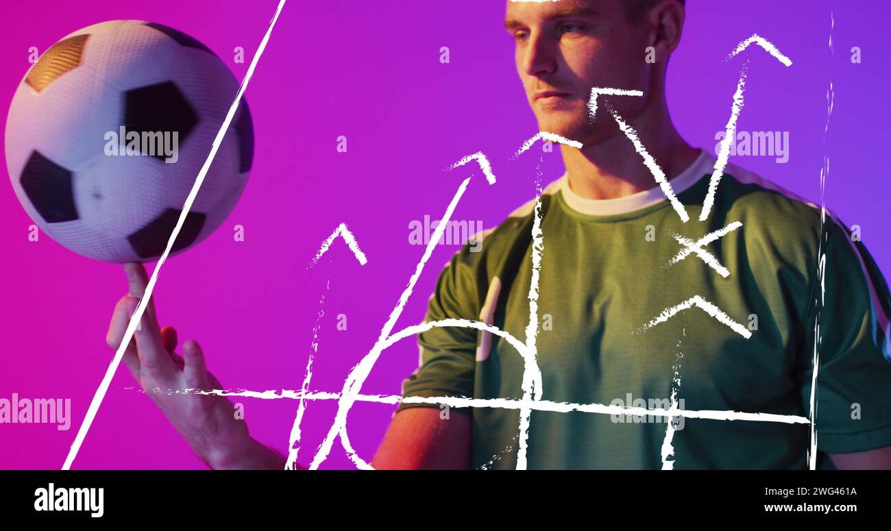 Image of caucasian male soccer player over stadium drawing Stock Photo