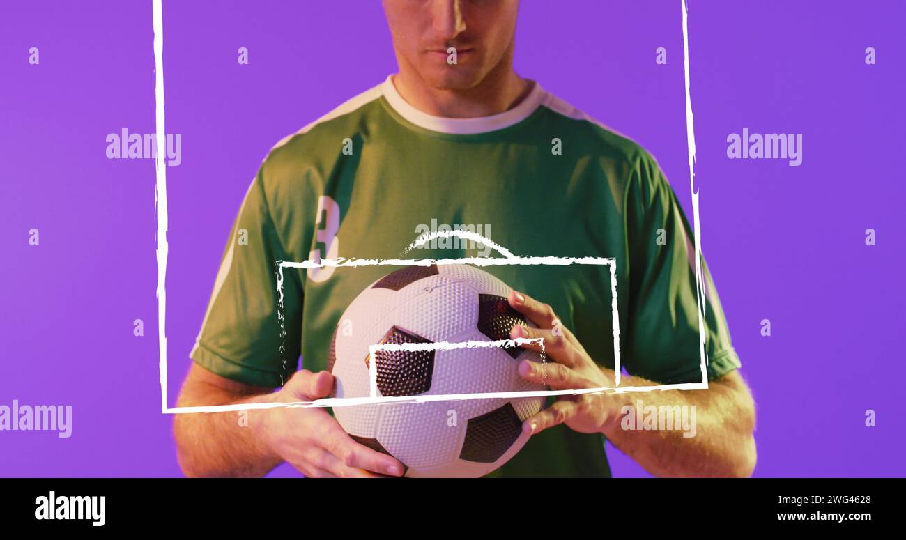 Image of caucasian male soccer player over stadium drawing Stock Photo