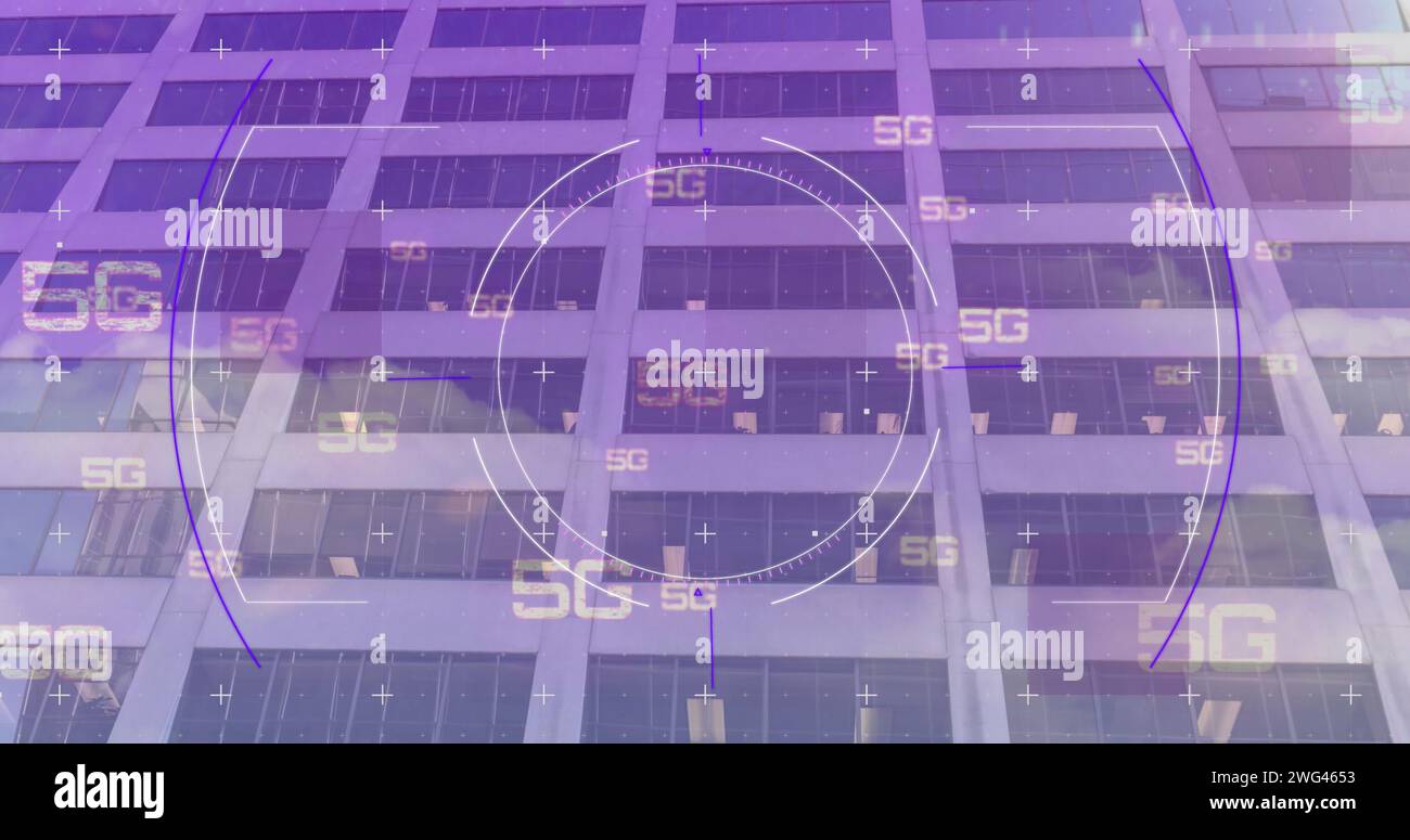 Image of 5g text, scope scanning and data processing over modern building Stock Photo