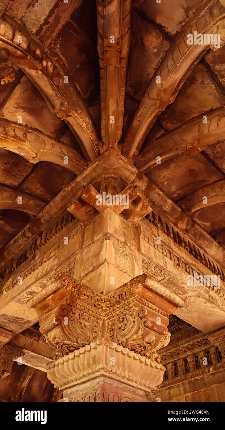 Carvings on the Mandapa of Harihara Temple, Osian Group of Temples, Jodhpur, Rajasthan, India. Stock Photo