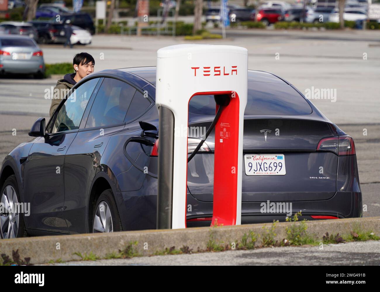 San Francisco. 2nd Feb, 2024. This photo taken on Feb. 2, 2024 shows a Tesla car in San Bruno, California, the United States. Tesla is recalling nearly 2.2 million vehicles it sold in the United States to fix some warning lights on the instrument panel that are smaller than required sizes, U.S. safety regulators said Friday. Credit: Li Jianguo/Xinhua/Alamy Live News Stock Photo