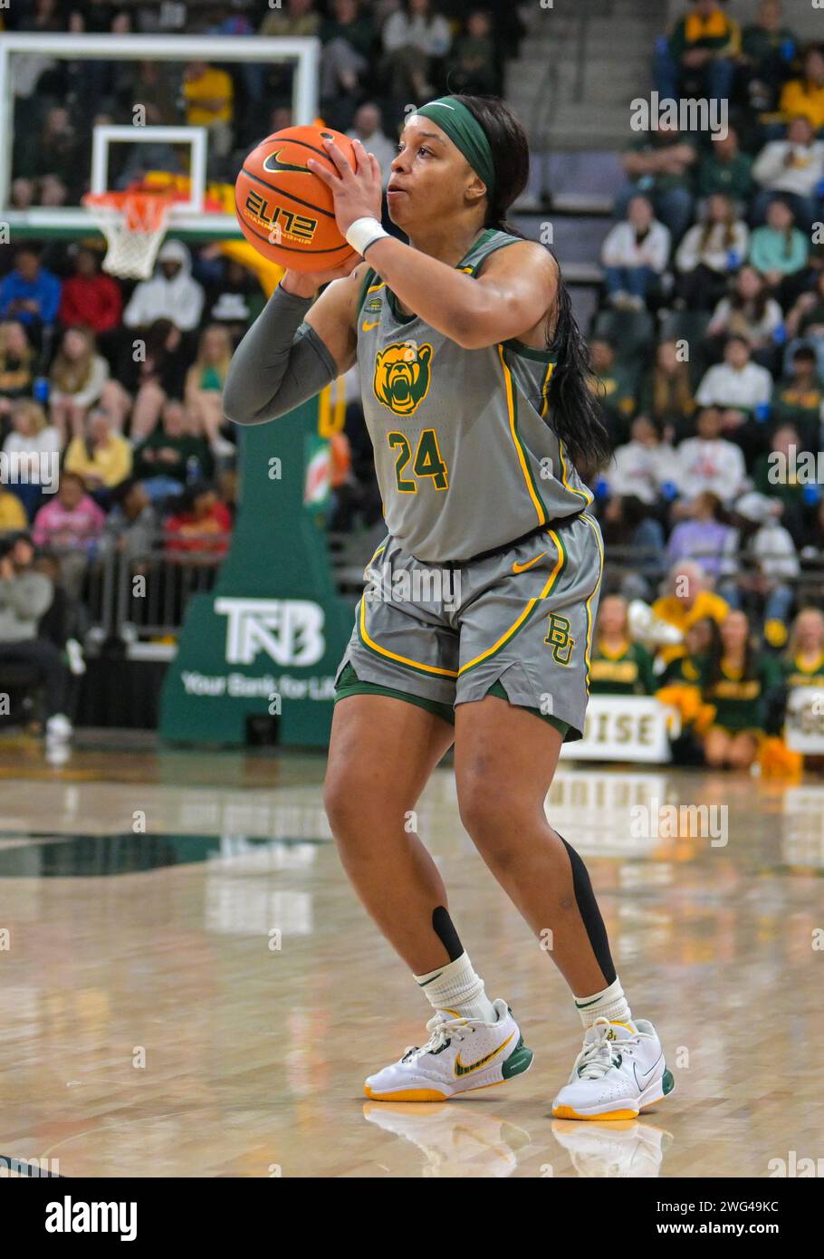 February 1 2024: Baylor Lady Bears guard Sarah Andrews (24) shoots the ball during the 1st half of the NCAA Basketball game between the Texas Longhorns and Baylor Lady Bears at Foster Pavilion in Waco, Texas. Matthew Lynch/CSM Stock Photo