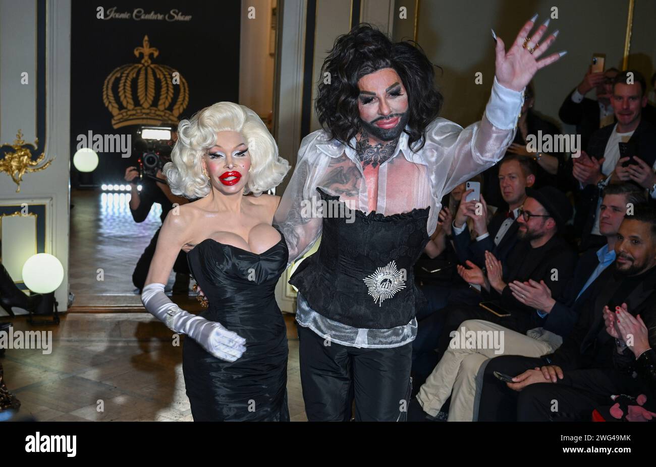 02 February 2024, Berlin: Designer Harald Glööckler and model Amanda Lepore show themselves to the public after the 'Pompöös Iconic Couture Show' at the Ermelerhaus. Photo: Jens Kalaene/dpa Stock Photo