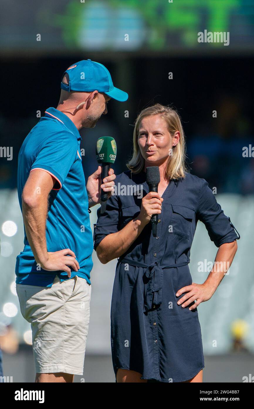 Adelaide, Australia, February 3rd 2024: Meg Lanning is interviewed during the first One Day International game of the CommBank ODI International Series between Australia and South Africa at the Adelaide Oval in Adelaide, Australia  (Noe Llamas / SPP) Stock Photo
