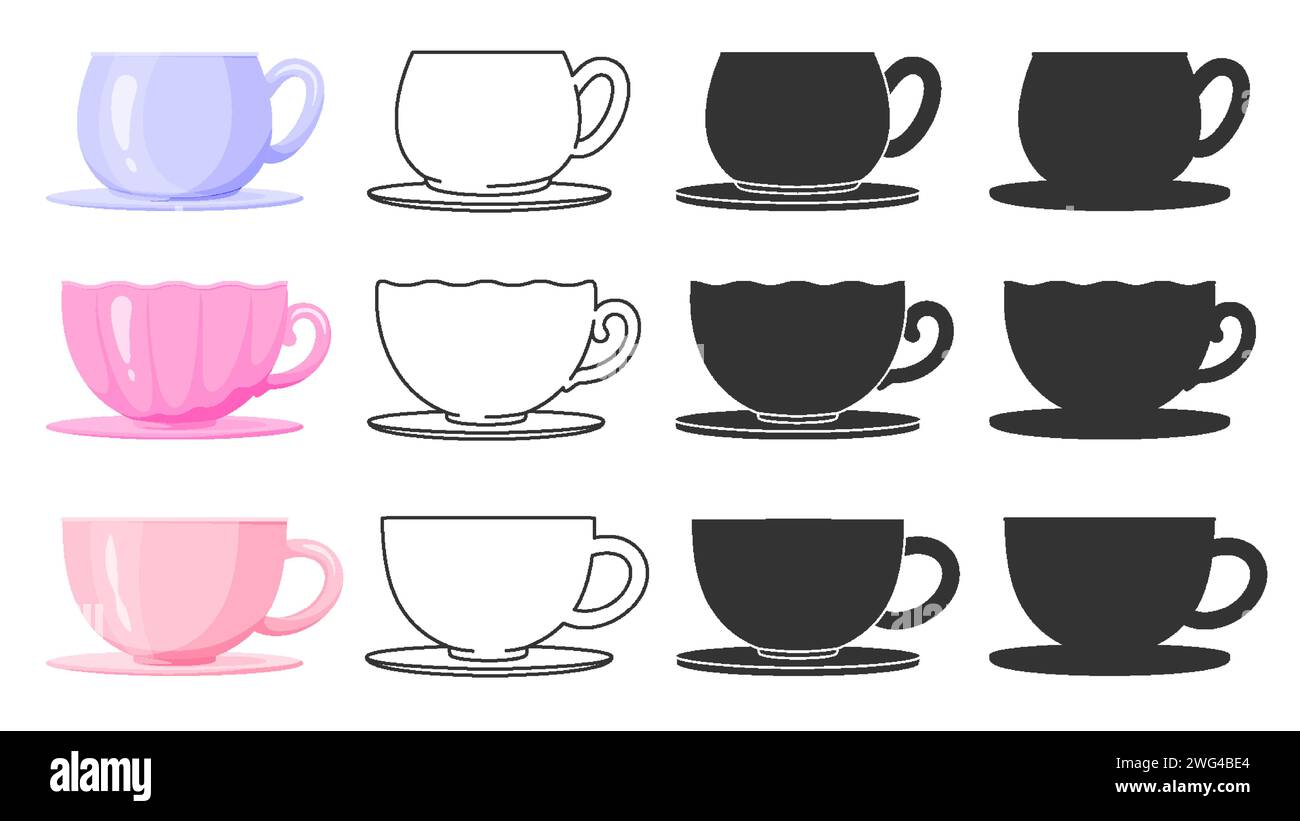 Porcelain coffee tea cup mug glass on saucer colorful black line silhouette stamp flat set. Editable line stroke print shape shell drinkware party breakfast kitchen collection container icon isolated Stock Vector