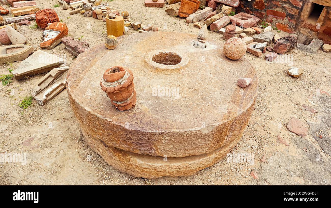 Ancient Big Stone Grinder inside the Fort Nagaur, Rajasthan, India. Stock Photo