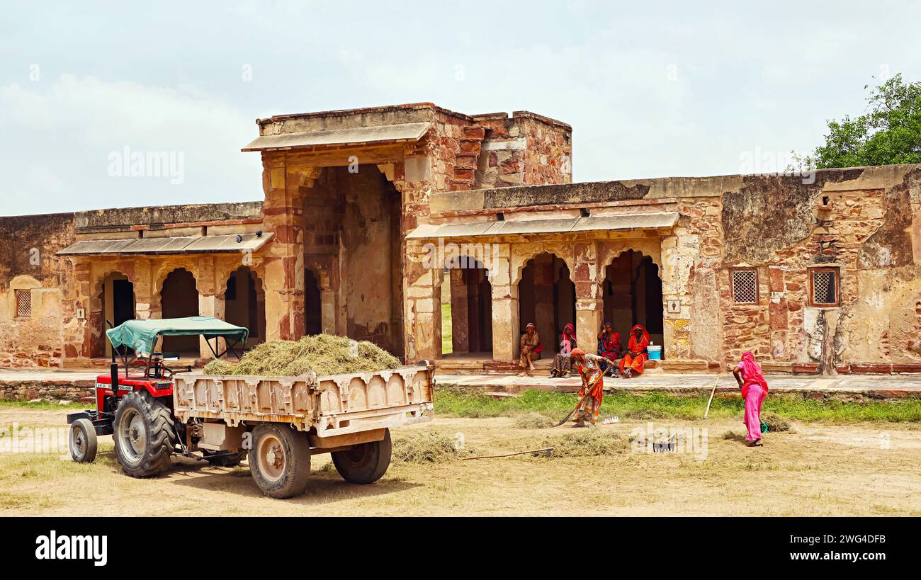 INDIA, RAJASTHAN, NAGAUR, August 2023, Workers Cleaning the Campus Area of Fort Nagaur. Stock Photo