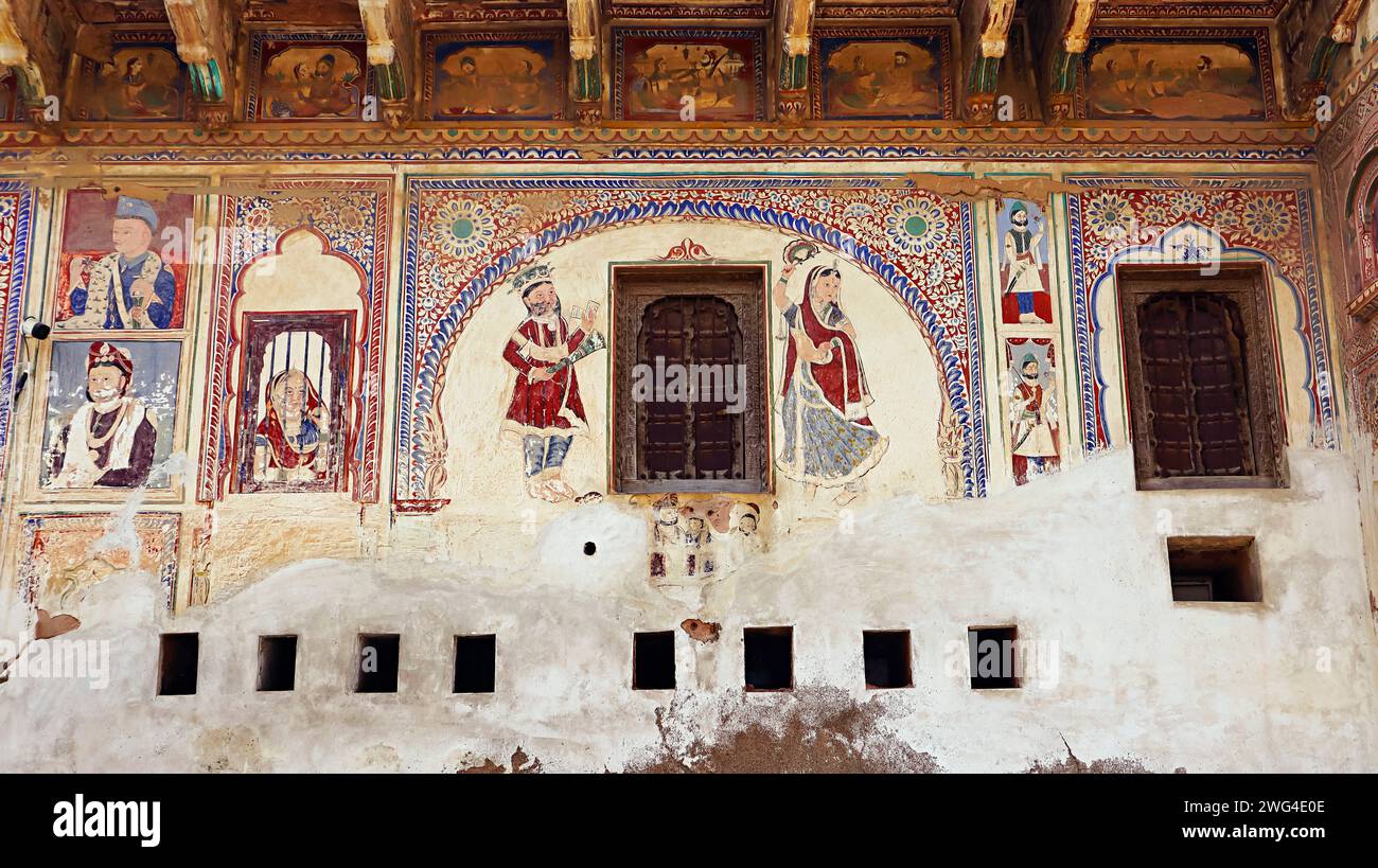 Paintings on the Shekhavati Heritage Hub, Dangaych Haveli,  Nawalgarh, Rajasthan, India. Stock Photo