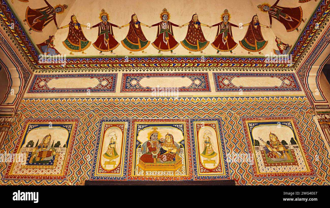 Paintings of Krishnaleela on the Dr. Ramnath Podar Haveli Museum, Nawalgarh, Rajasthan, India. Stock Photo