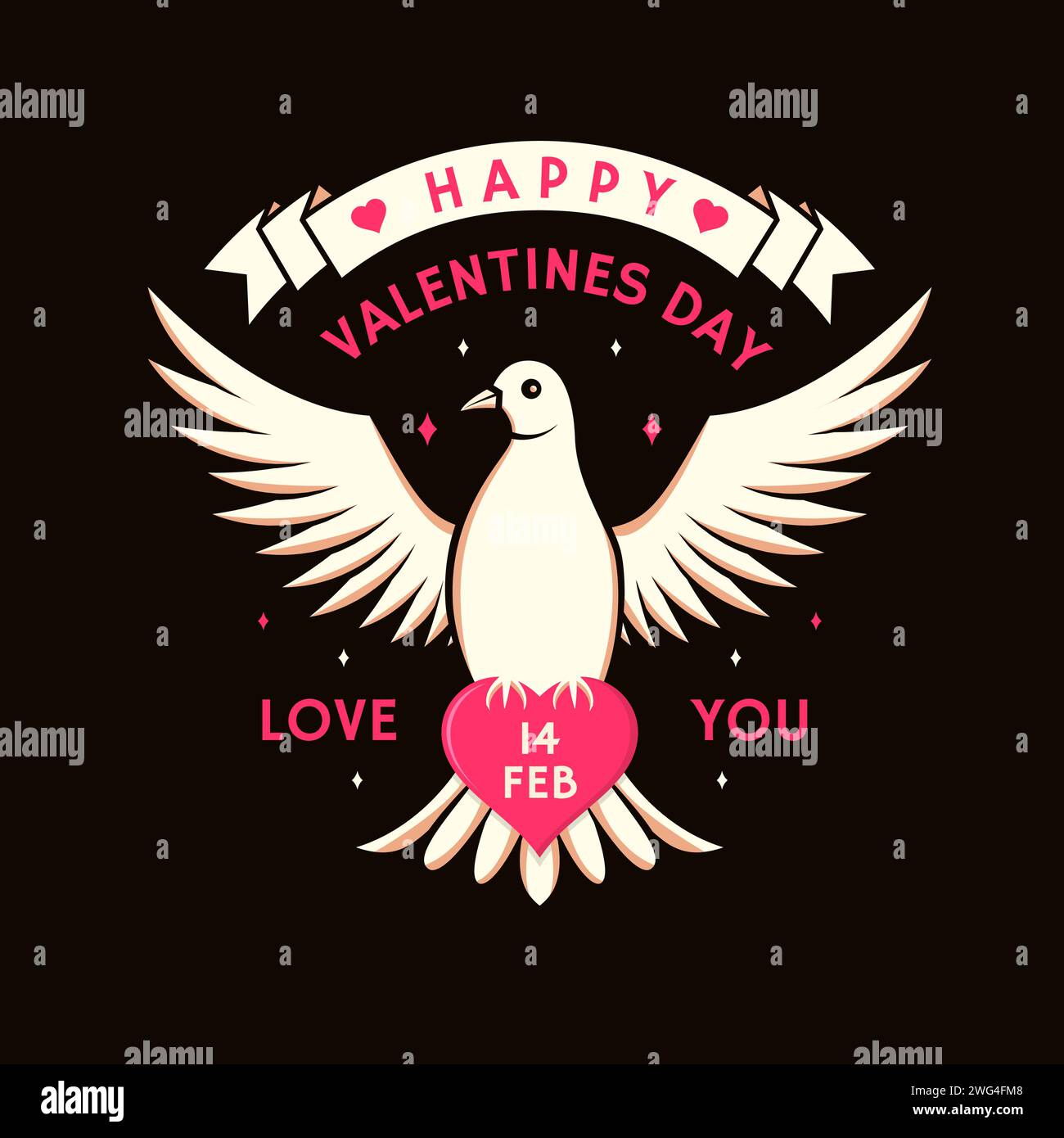 Happy valentines day. Vector illustration. Vintage with dove holding heart. Template for Valentine s Day greeting card, banner, poster, flyer with Stock Vector