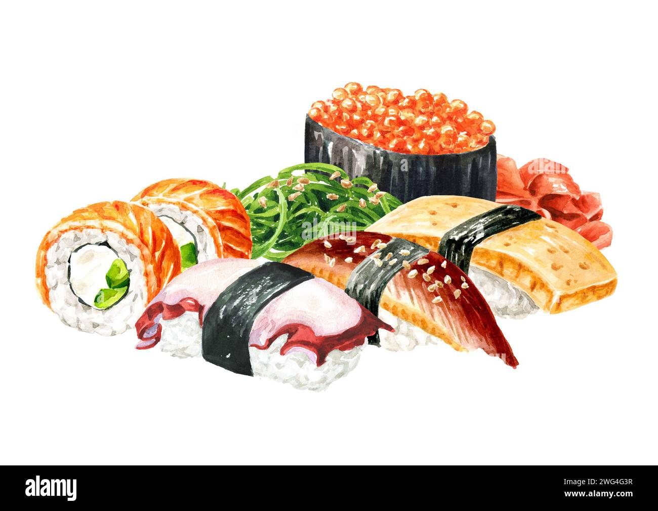 Japanese Sushi set, Hand drawn watercolor illustration isolated on ...