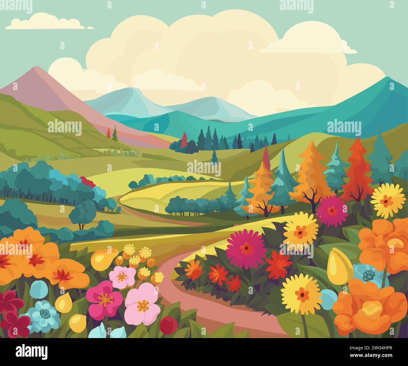 Fields Hills Flowers Country Landscape Background Stock Vector
