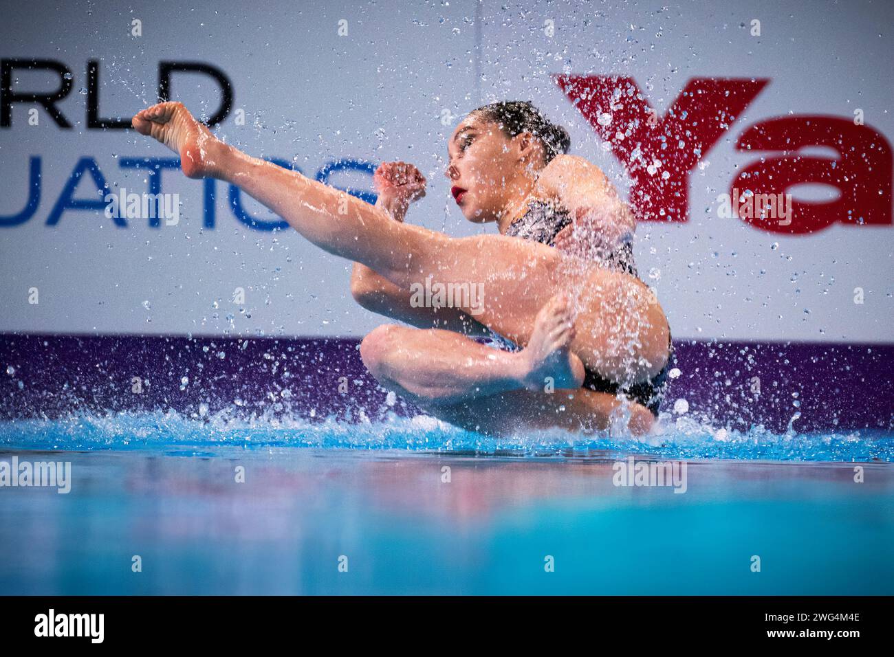 Nargiza Bolatova and Eduard Kim of Kazakhstan compete in the artistic swimming mixed duet technical preliminary during the 21st World Aquatics Championships at the Aspire Dome in Doha (Qatar), February 03, 2024. Stock Photo