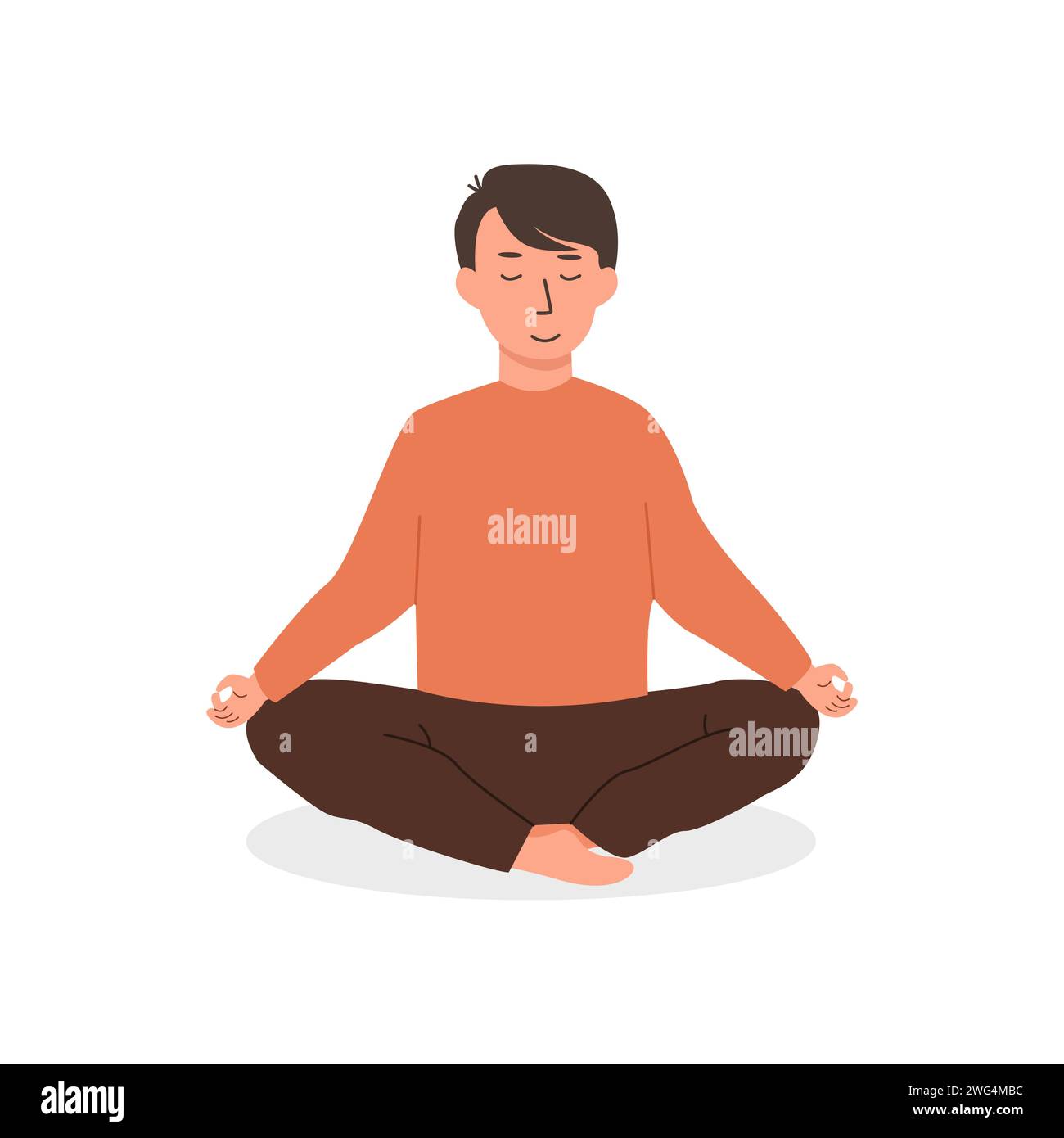 Caucasian boy sitting on floor in cross legged position and meditating. Child or teen doing yoga exercise. Meditation lesson in school concept. Vector Stock Vector