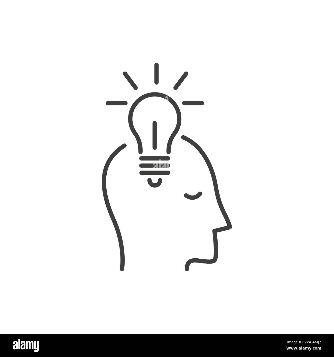 Head with light bulb. Vector outline icon. Vector creative imagination brainstorming or generating new idea isolated. Concept of innovation, solution Stock Vector