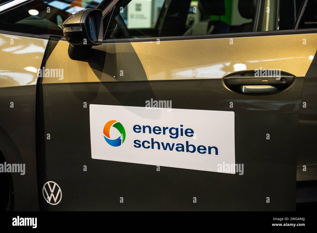 Augsburg, Bavaria, Germany - February 2, 2024: Volkswagen VW ID.3 e-car exhibited by Energie Schwaben at the AFA trade fair in Augsburg *** Volkswagen VW ID.3 E-Auto ausgestellt von Energie Schwaben auf der AFA-Messe in Augsburg Stock Photo